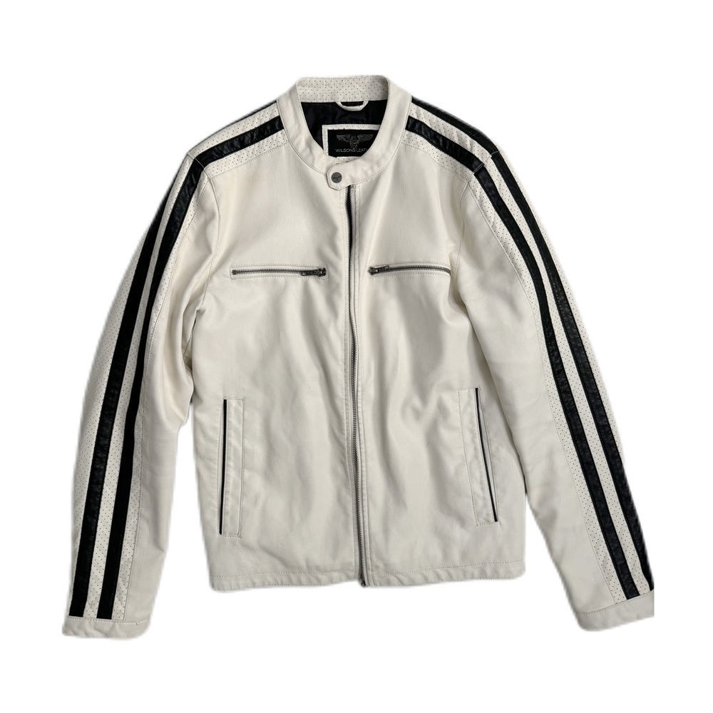 Wilson Leather, men’s white faux leather motorcycle jacket.  Size Small